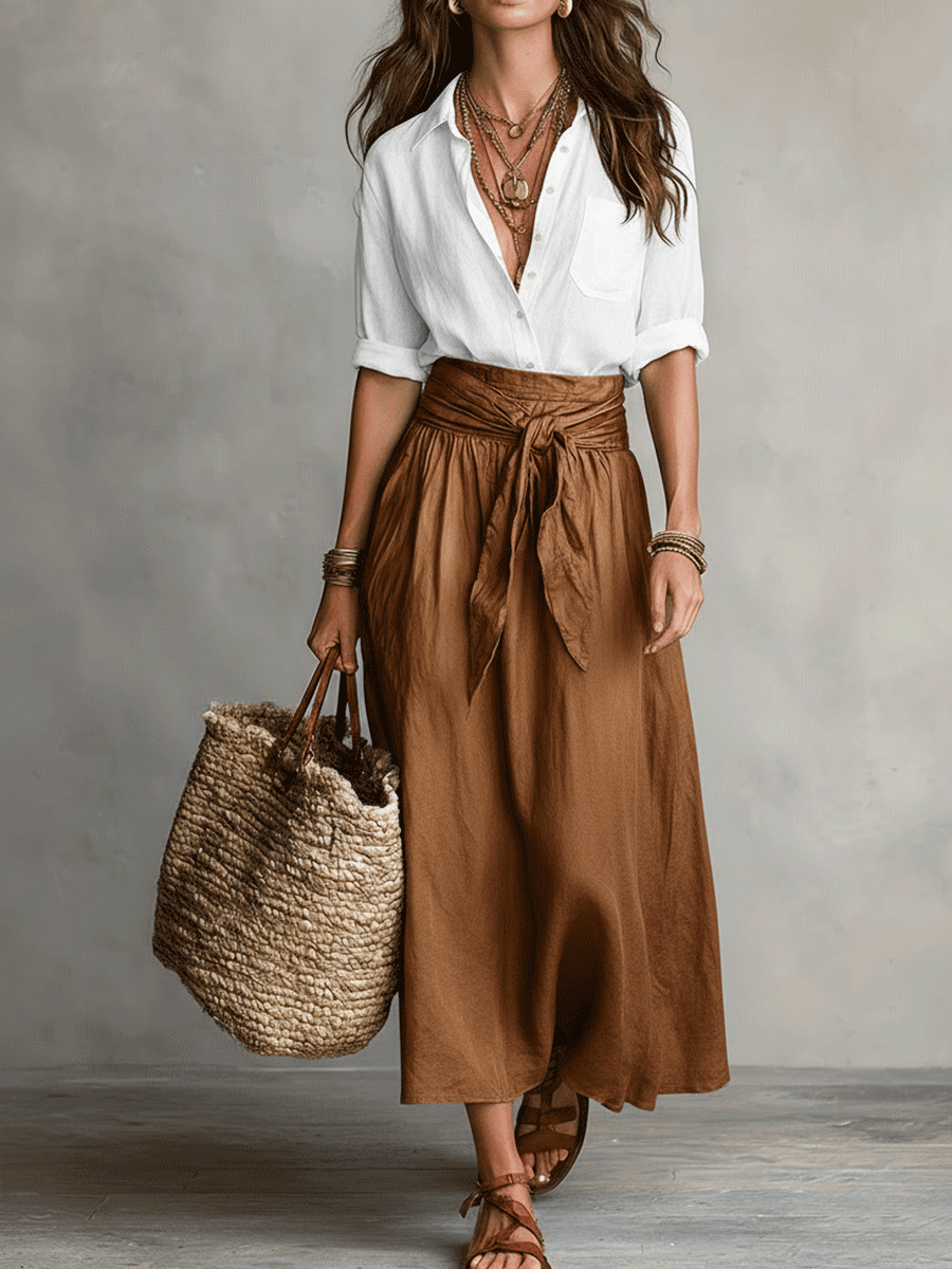 Effortless Boho Black Blouse & Olive Satin Midi Skirt Set