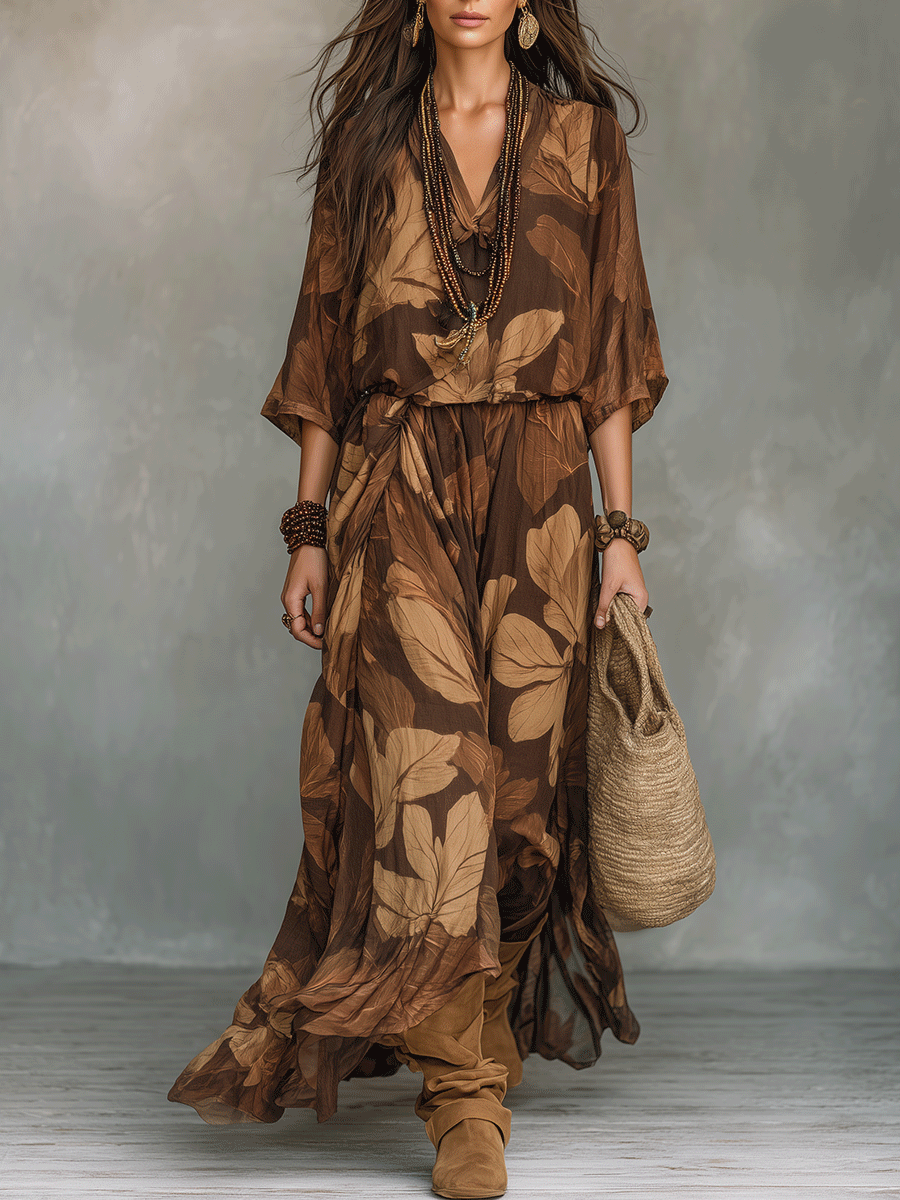 Earthy Leaf Print Relaxed Bohemian Maxi Set