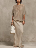 Bohemian Oatmeal Knit Top And Skirt Set