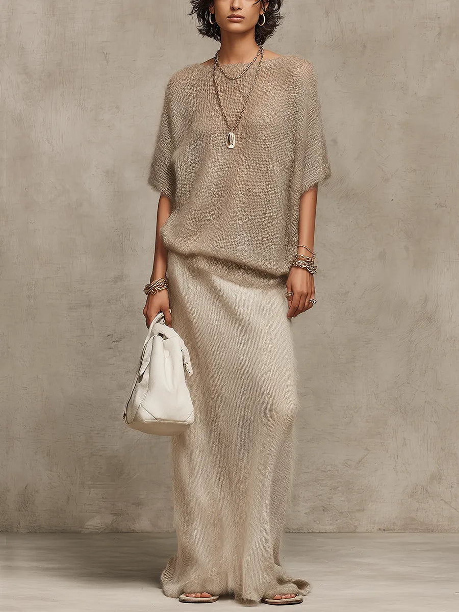 Bohemian Oatmeal Knit Top And Skirt Set