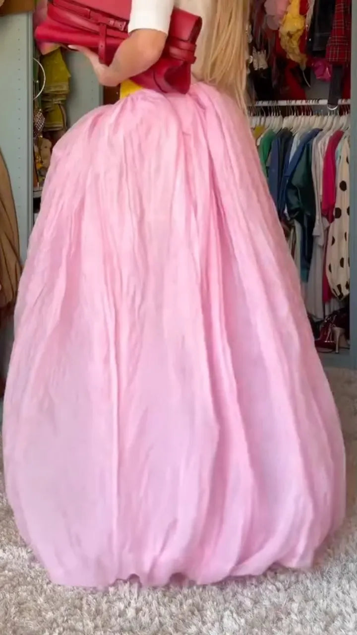 Pink Crinkled Satin High Waist Maxi Skirt