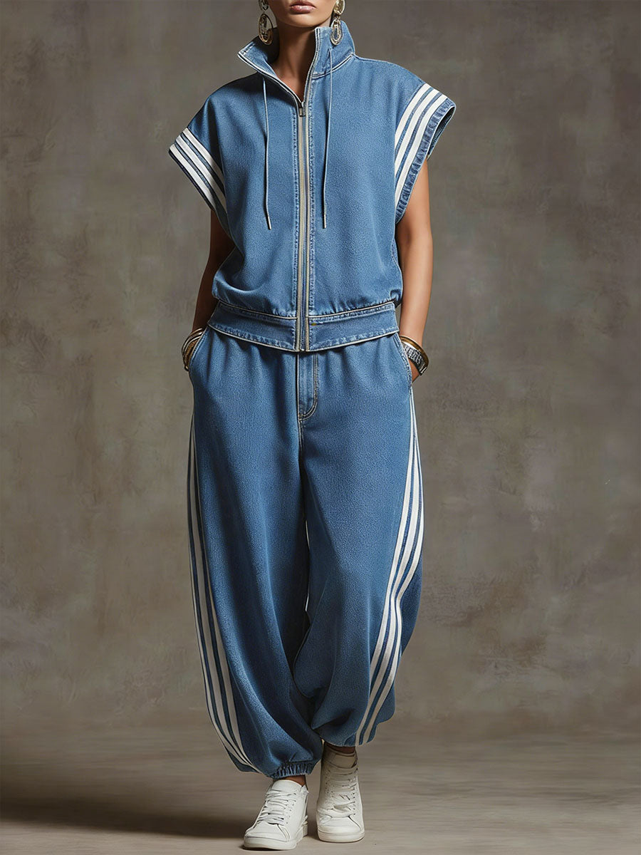 Women's Stand-collar Short-sleeved Casual Loose Denim Top And High-waisted Wide-leg Jeans Set.