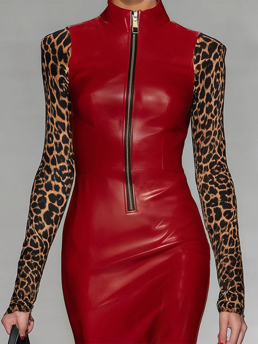 Red Pu Stitching Leopard Print Zipper Midi Dress