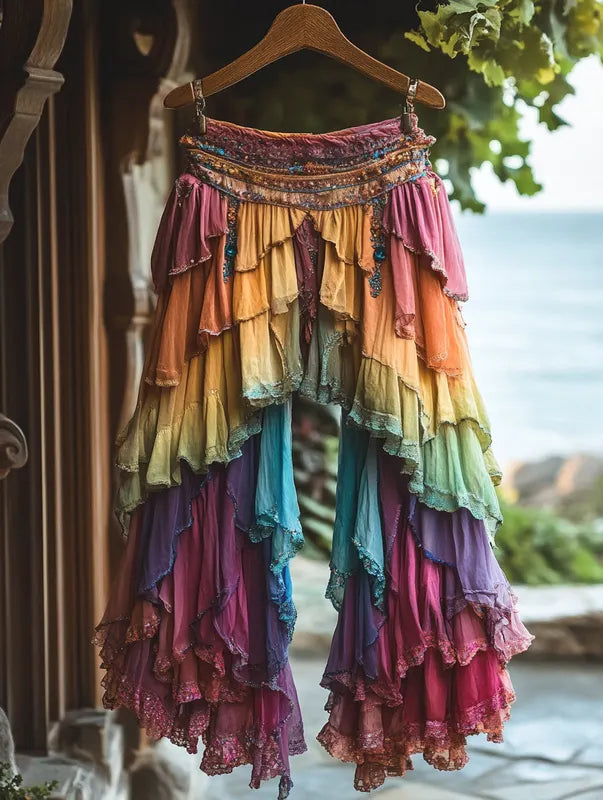 Summer ruffled cotton and linen patchwork contrast color pants c815