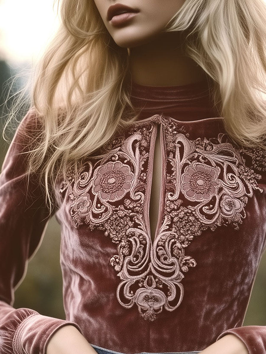 Vintage Cuffs Rose Velvet Embroidered Keyhole Blouse