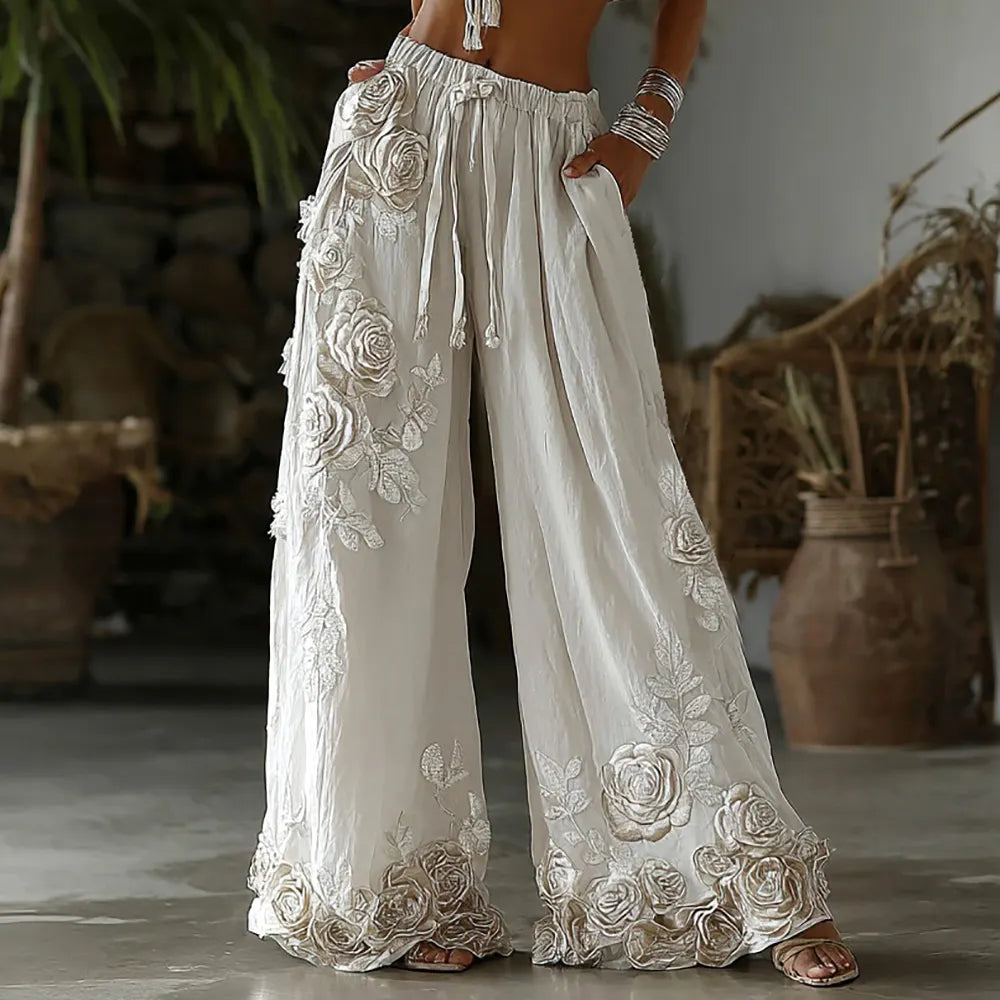 Women's Retro Floral Embroidery Art Casual Linen Pants