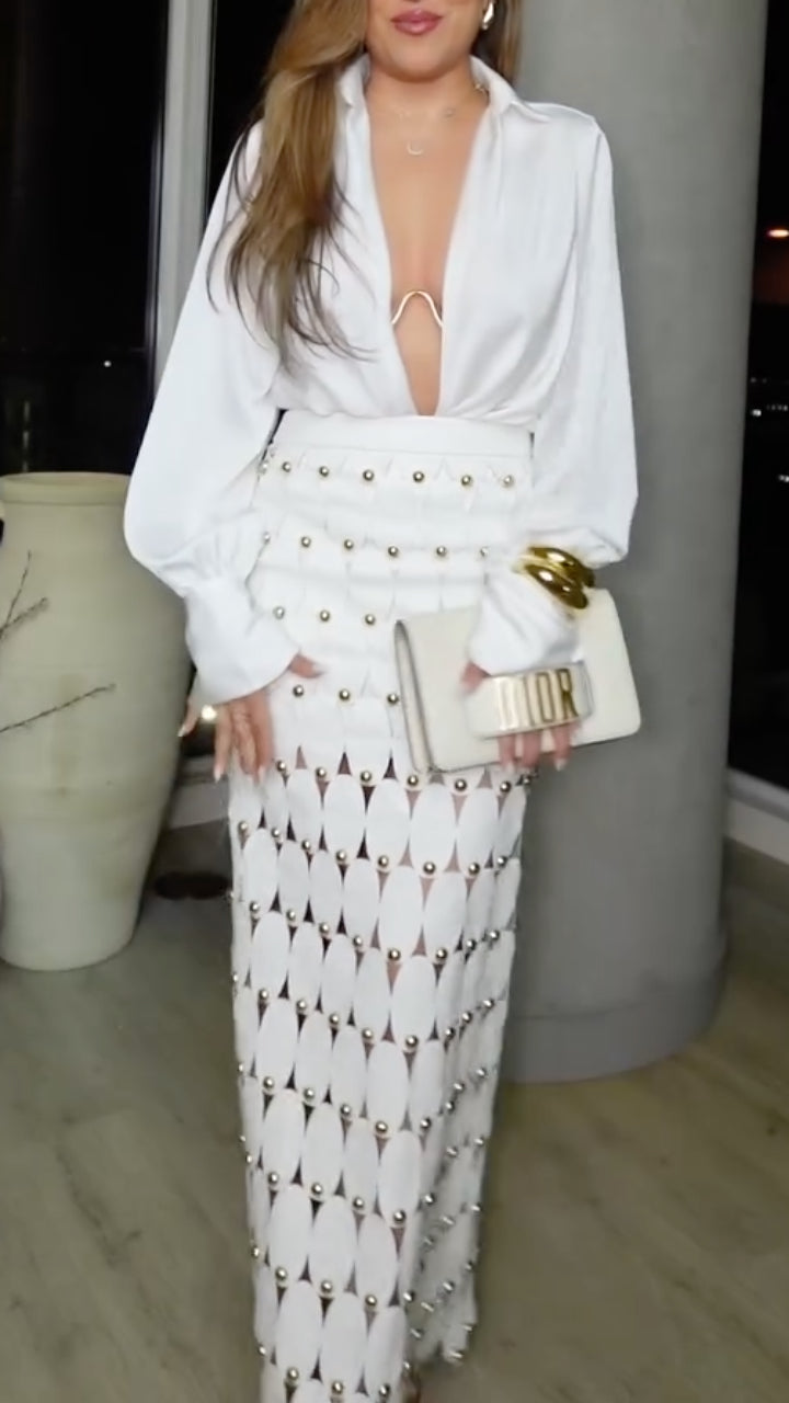 Women's White Deep V-Neck Shirt & Studded Cutout Long Skirt Set