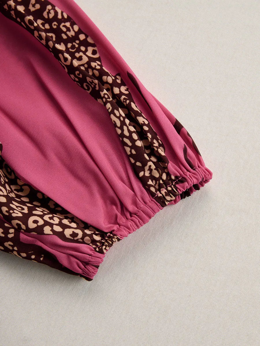 Casual Loose Rose Red Chiffon Leopard Print Long-Sleeved Jumpsuit