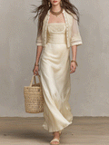 Elegant Embroidered Resort Ivory Satin Maxi Dress Set