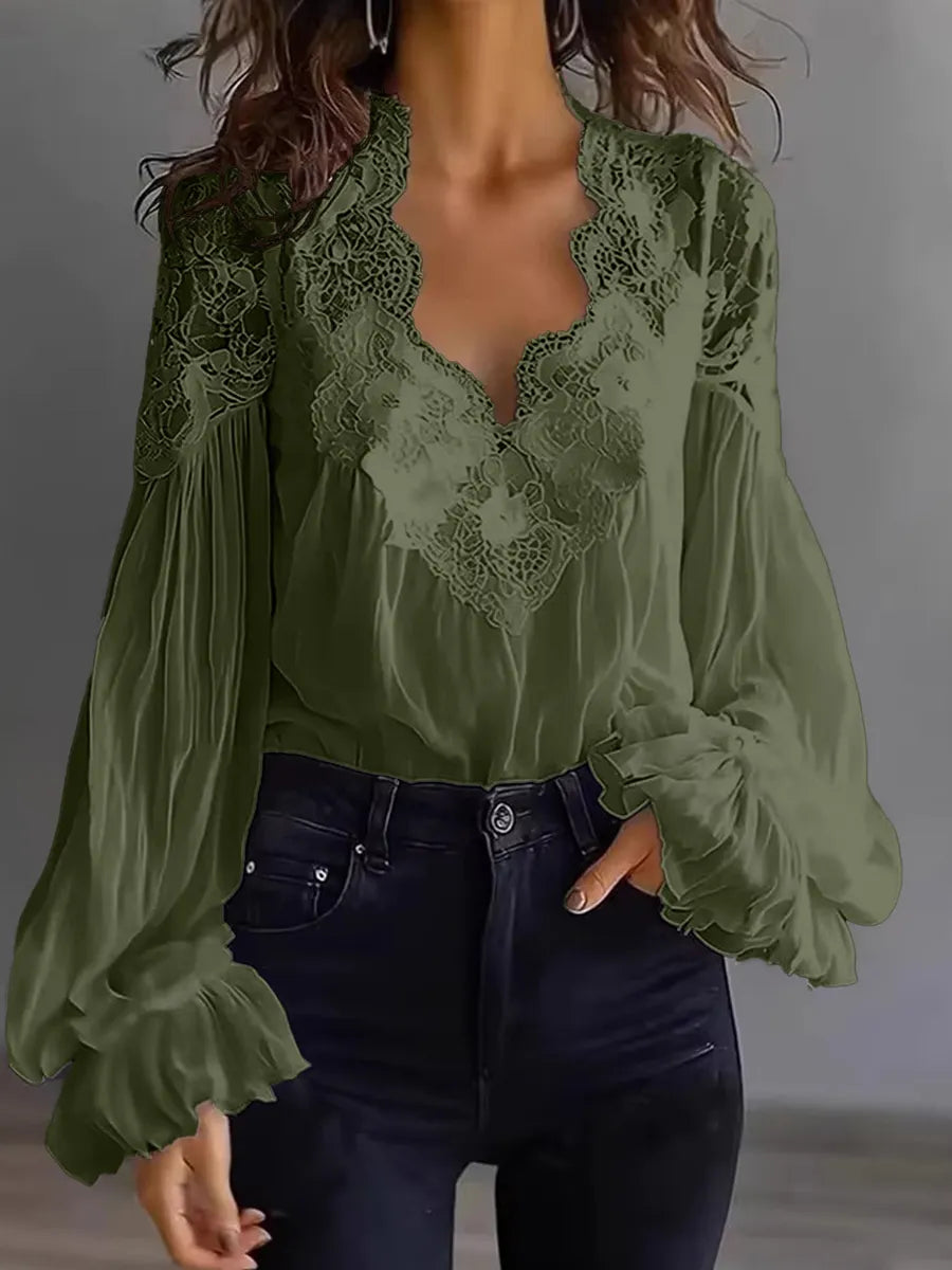 Women's Lace Patchwork Puff Sleeve Shirt