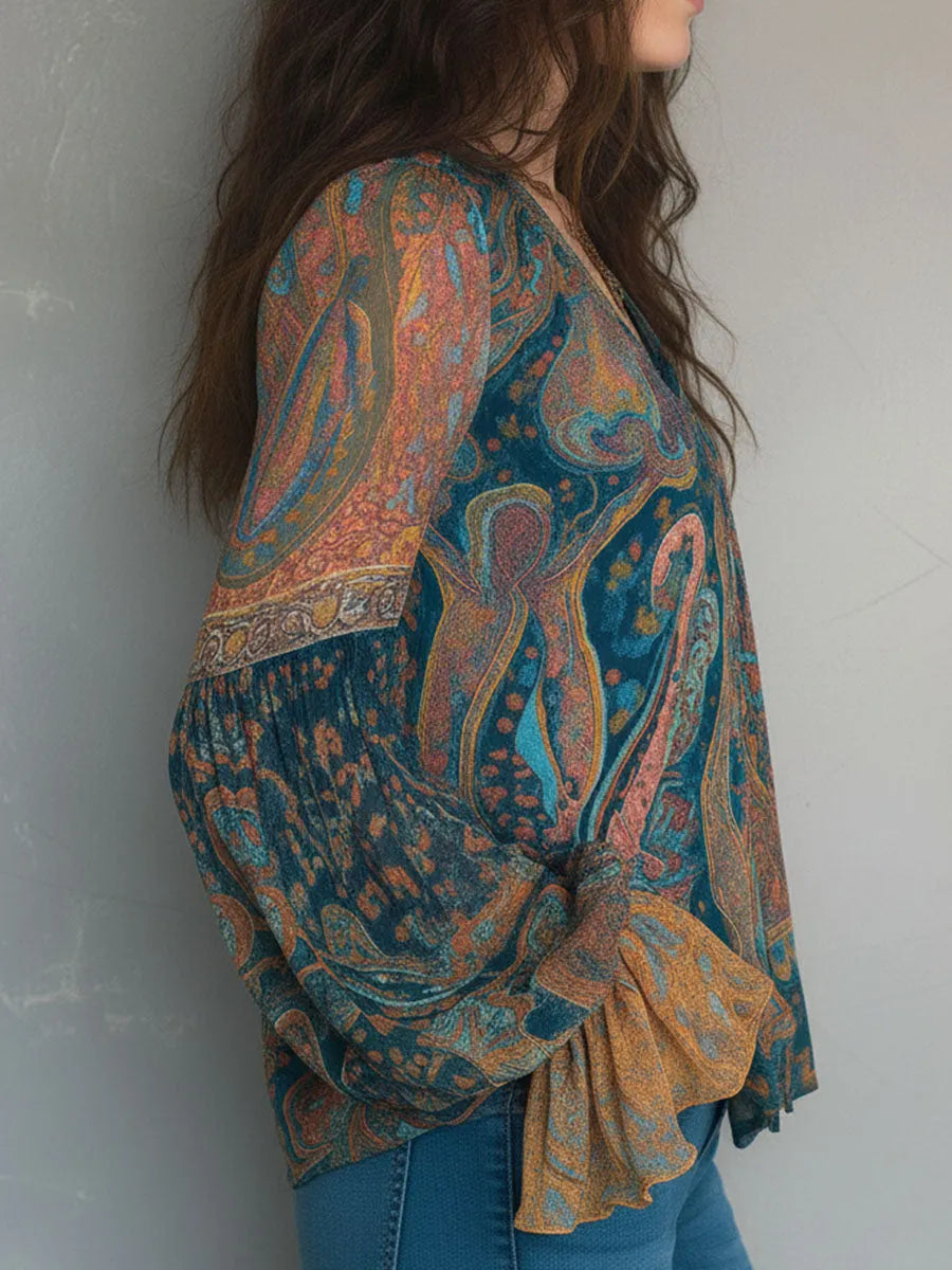 Bohemian Teal & Amber Paisley Chiffon Blouse With Ruffled Cuffs