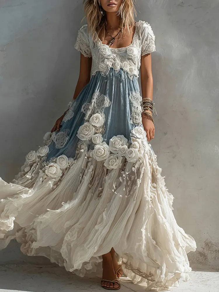 Women's Vintage White Rose Pattern Linen Short Sleeve Dress