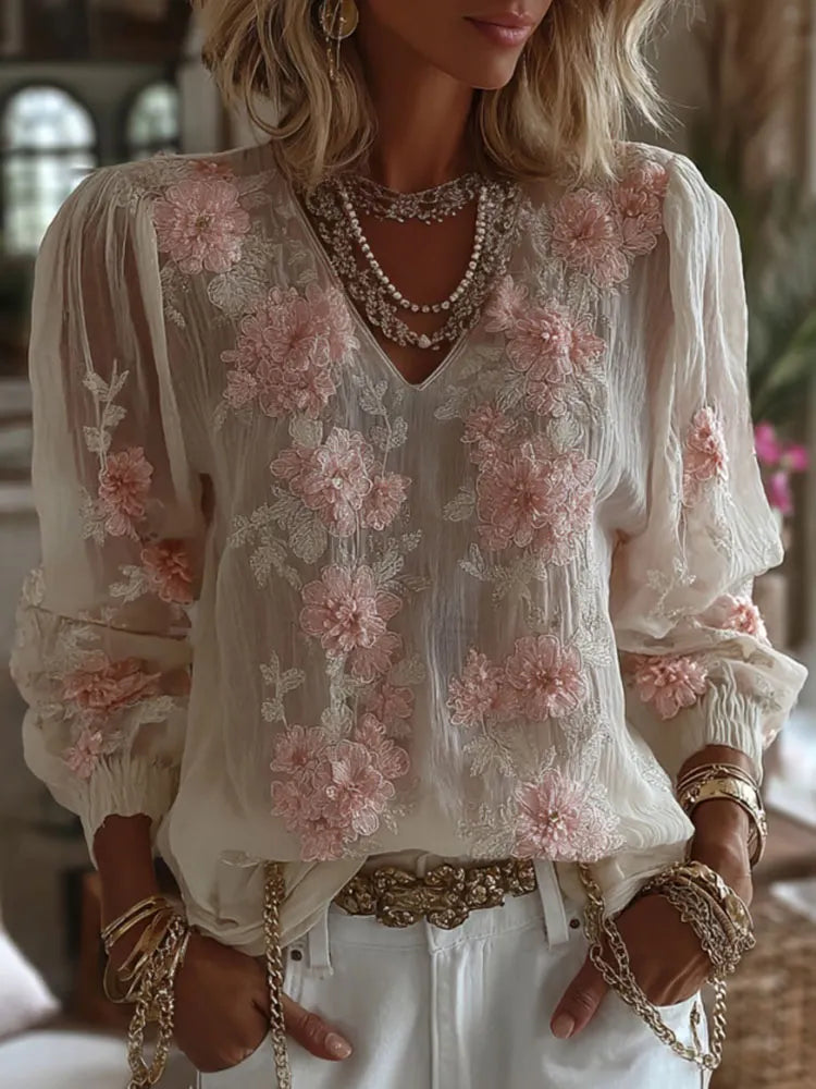 Women's Floral Embroidery Long-sleeved Linen Blend T-shirt