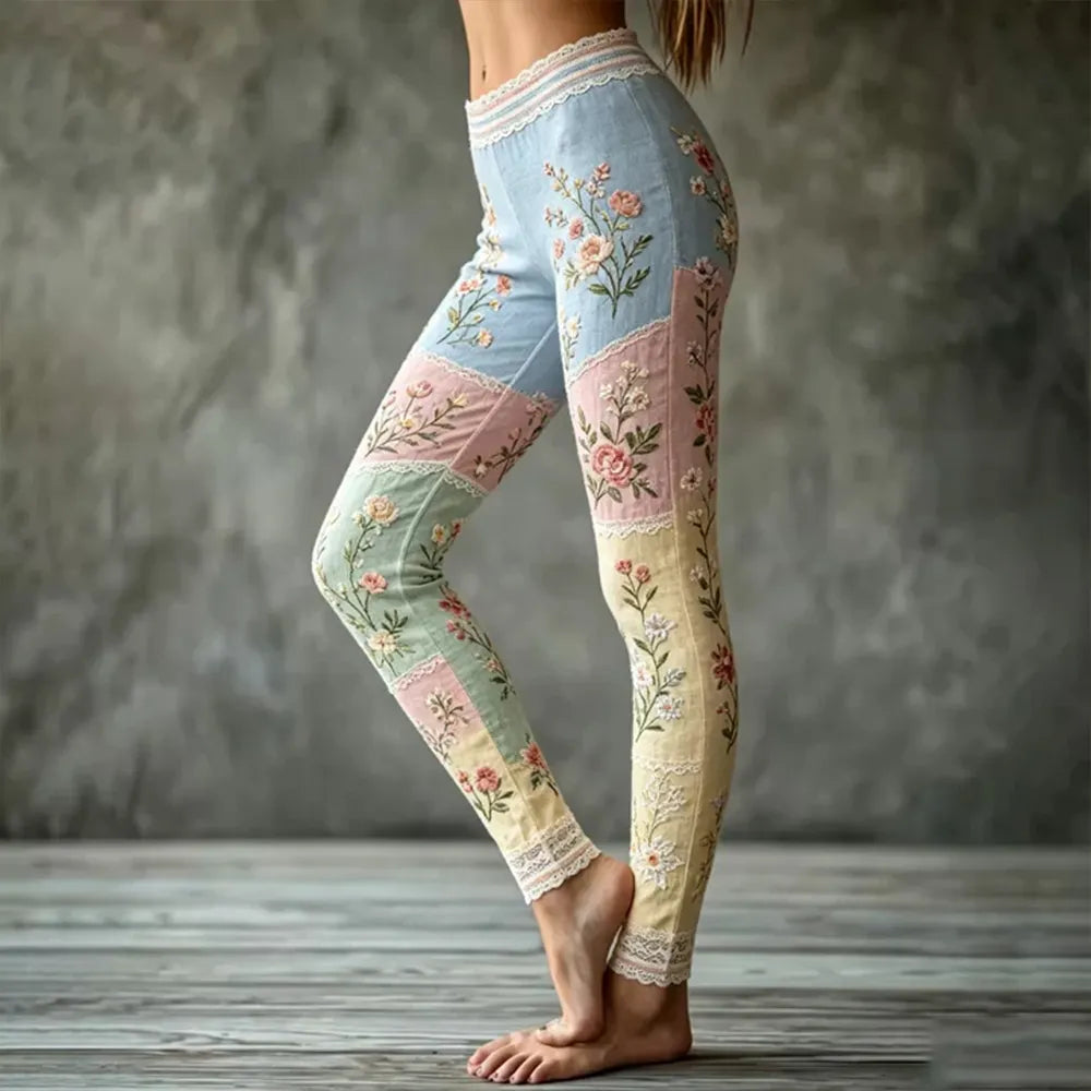 Women's Small Floral Embroidery And Lace Art Splicing Comfortable Casual Leggings