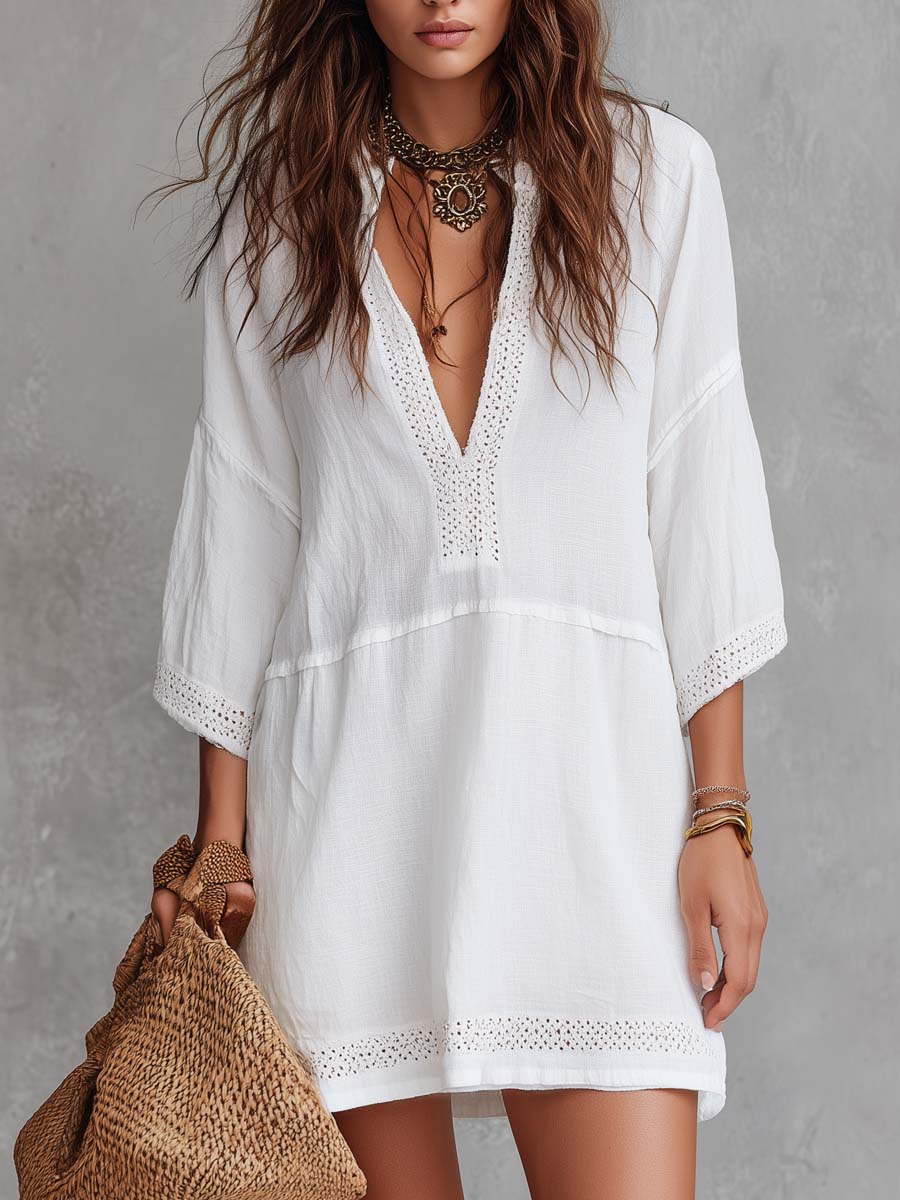 Vintage Lace Trim Draped Waistline Cotton Linen Mini Dress