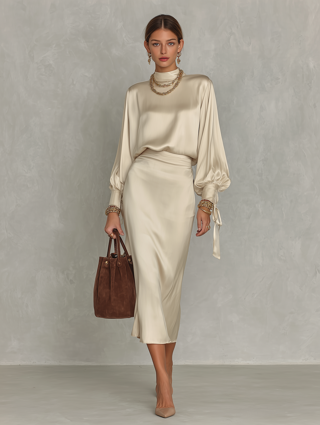 Satin Two-Piece Set Mock Neck Lantern Sleeve Blouse & High Waist Midi Skirt