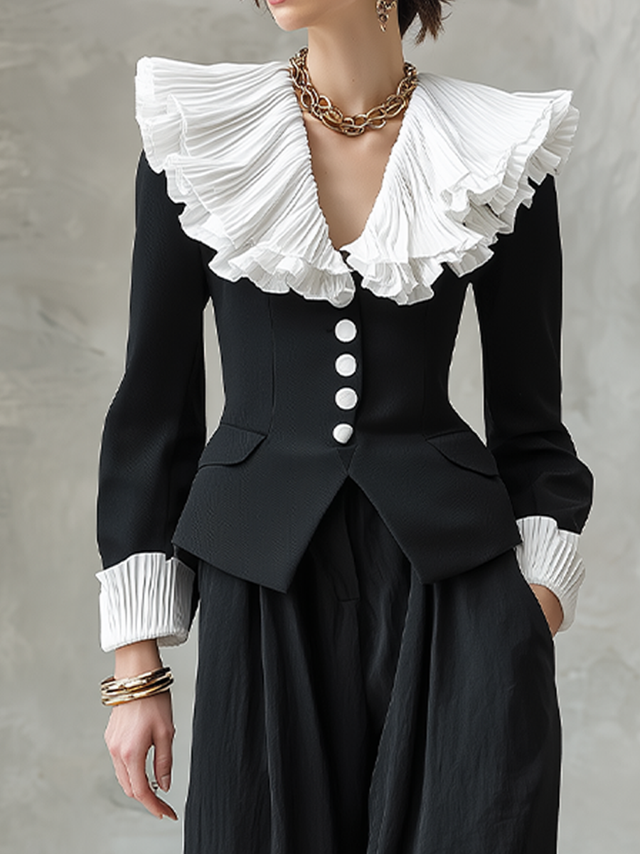 Romantic Black Pleated Ruffle Collar Balloon-Pants Set