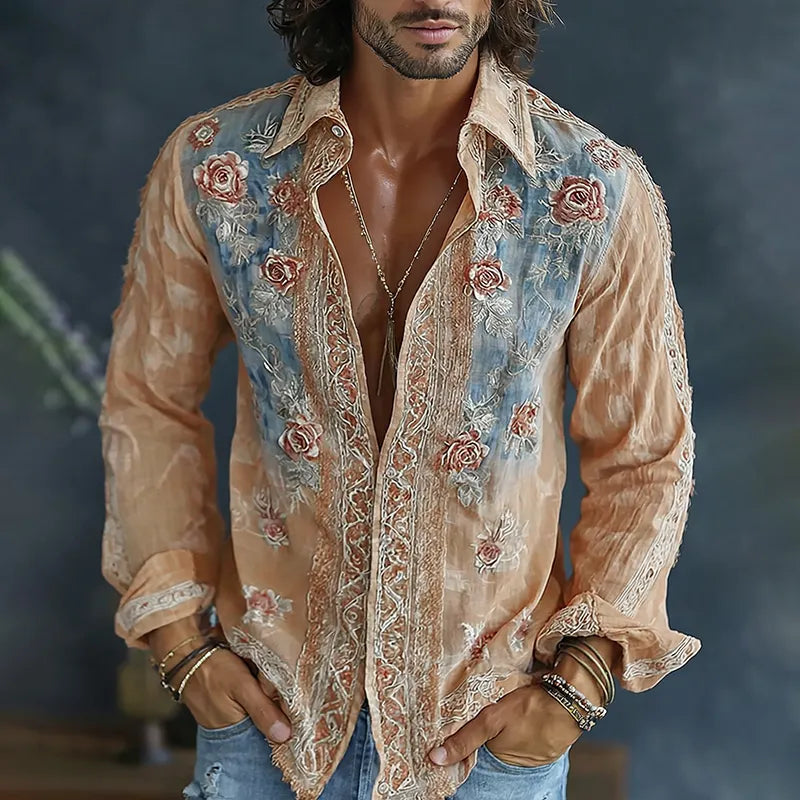 Men's Spring Floral Embroidered Art Print Flowy Linen Blend Casual Shirt