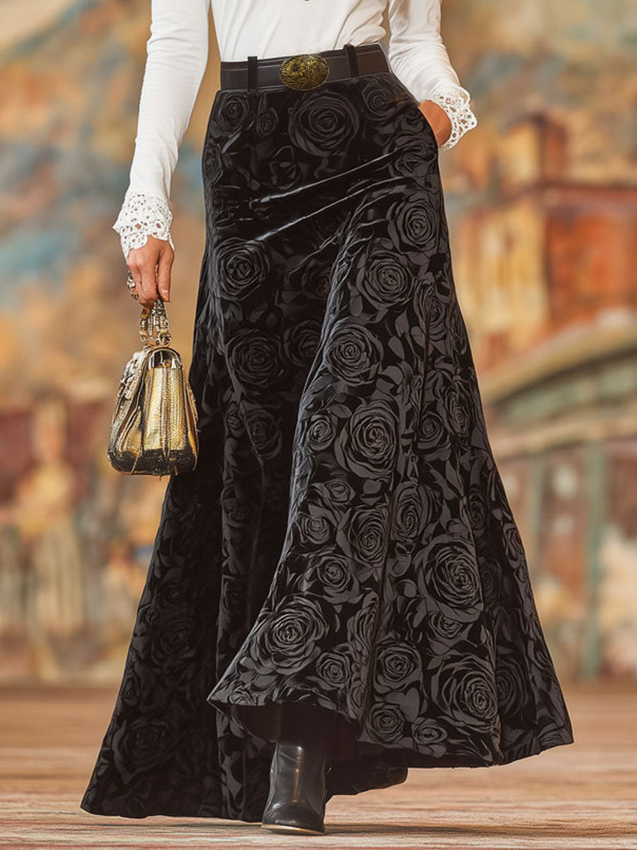 Black Rose Print A-line Velvet Skirt