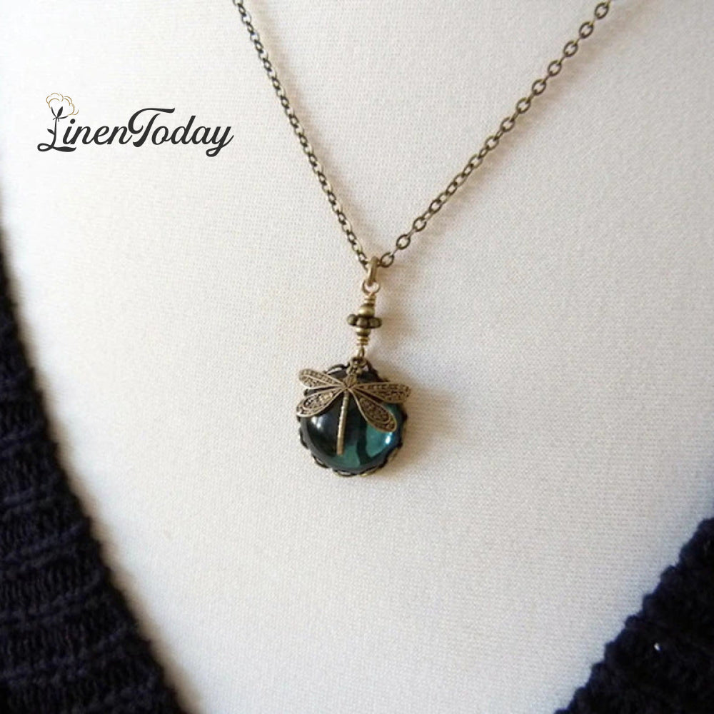 Vintage Dragonfly Green Crystal Boho Jewelry Necklace