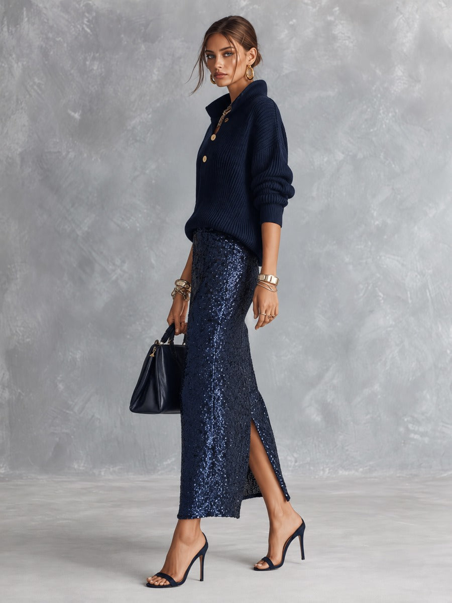 Ribbed Half-Button Sweater & Sequined Midi Skirt Two-Piece Set