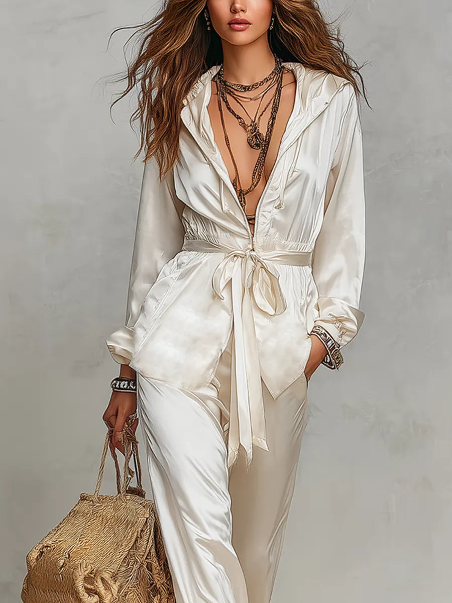 Elegant White Satin Belted Hooded Tracksuit