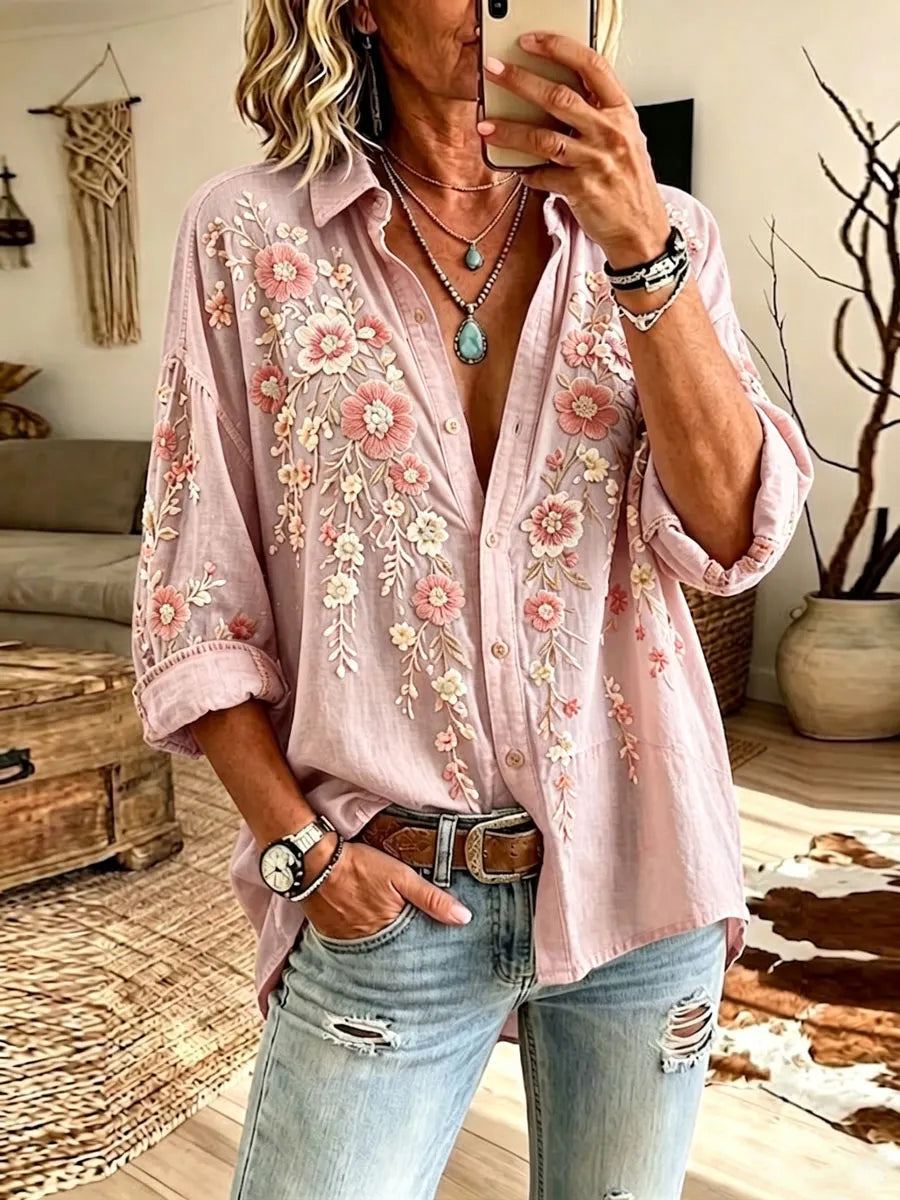Women'S Cotton Linen Flower Casual Long Sleeve Shirt
