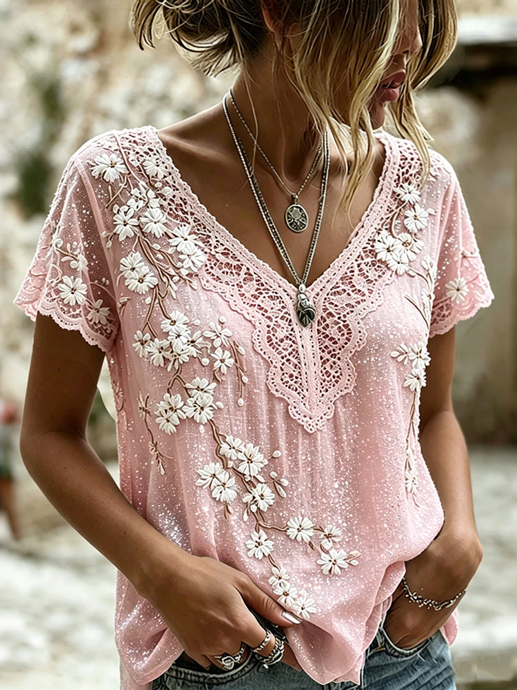 Women's Vintage Floral Art V Neck Casual Linen Blend Top