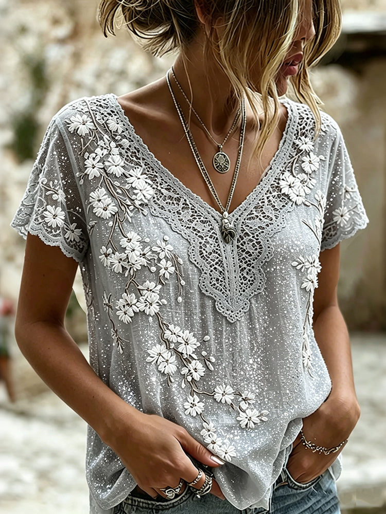 Women's Vintage Floral Art V Neck Casual Linen Blend Top