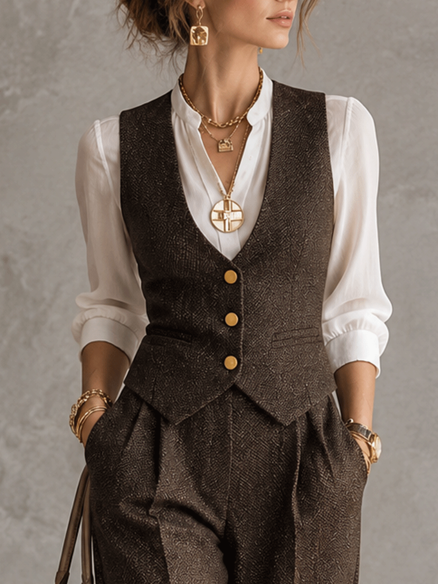 Quiet Luxury Herringbone Wool Fitted Espresso Brown Two-Piece Suit