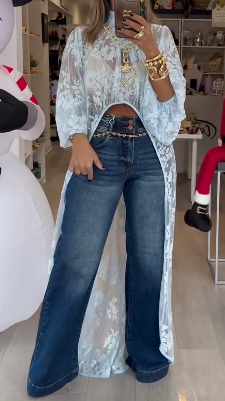 Women's Round Neck Lace Irregular Long Cover‐Up