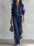 Women's Satin Pinstripe Tracksuit Set - Zip-Up Jacket & Wide-Leg Pants