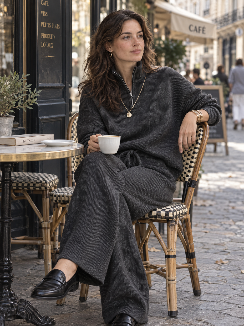 Ribbed Knit Half-Zip Sweater & Wide-Leg Pants Two-Piece Set