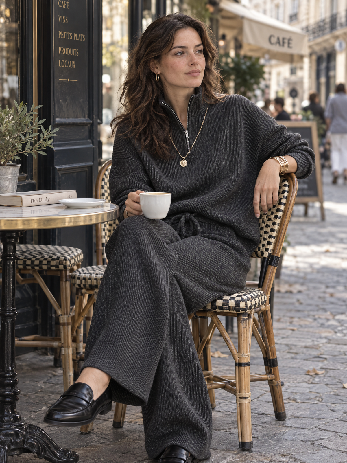 Ribbed Knit Half-Zip Sweater & Wide-Leg Pants Two-Piece Set