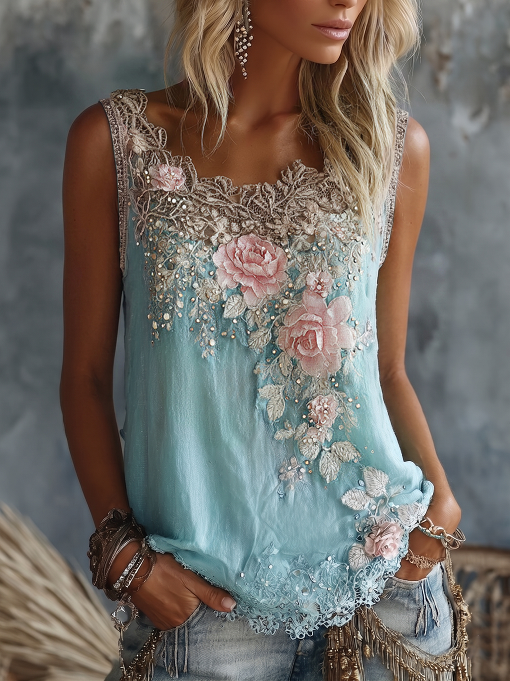 Women's Vintage Rose Floral Art V-neck Linen Vest