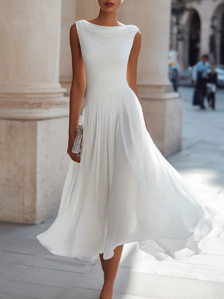 Draped Neck Sleeveless Pleated Midi Dress