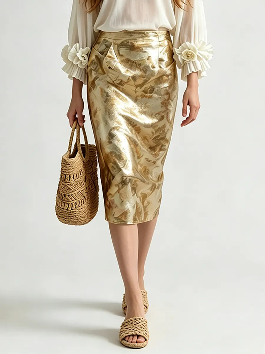 Resort Luxe Floral Appliqu¨¦ Blouse With Brocade Midi Skirt