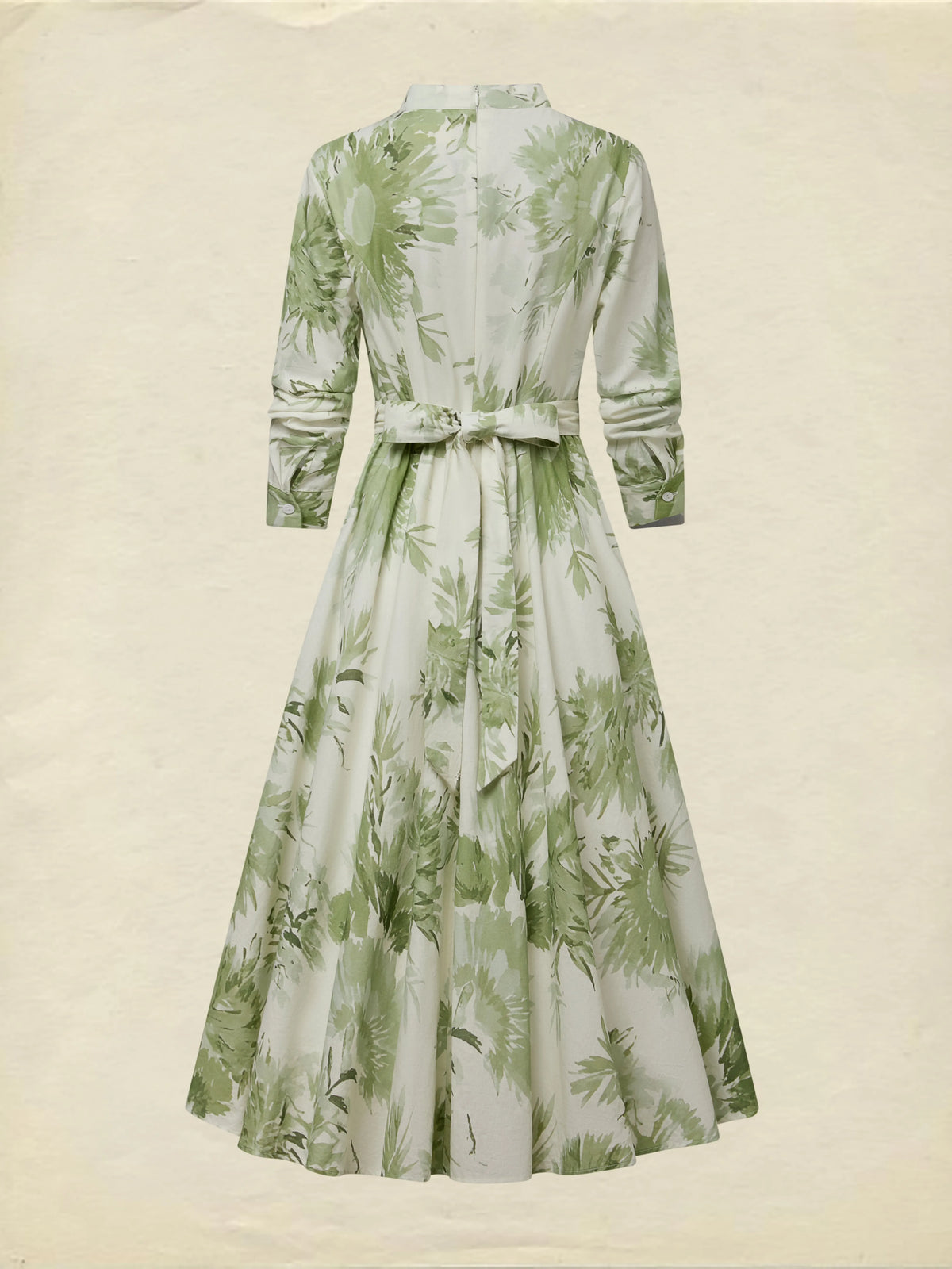 Maxi Linen Dress, Half Sleeve, Stand Collar, Floral, Vacation, Vintage, Lightgreen