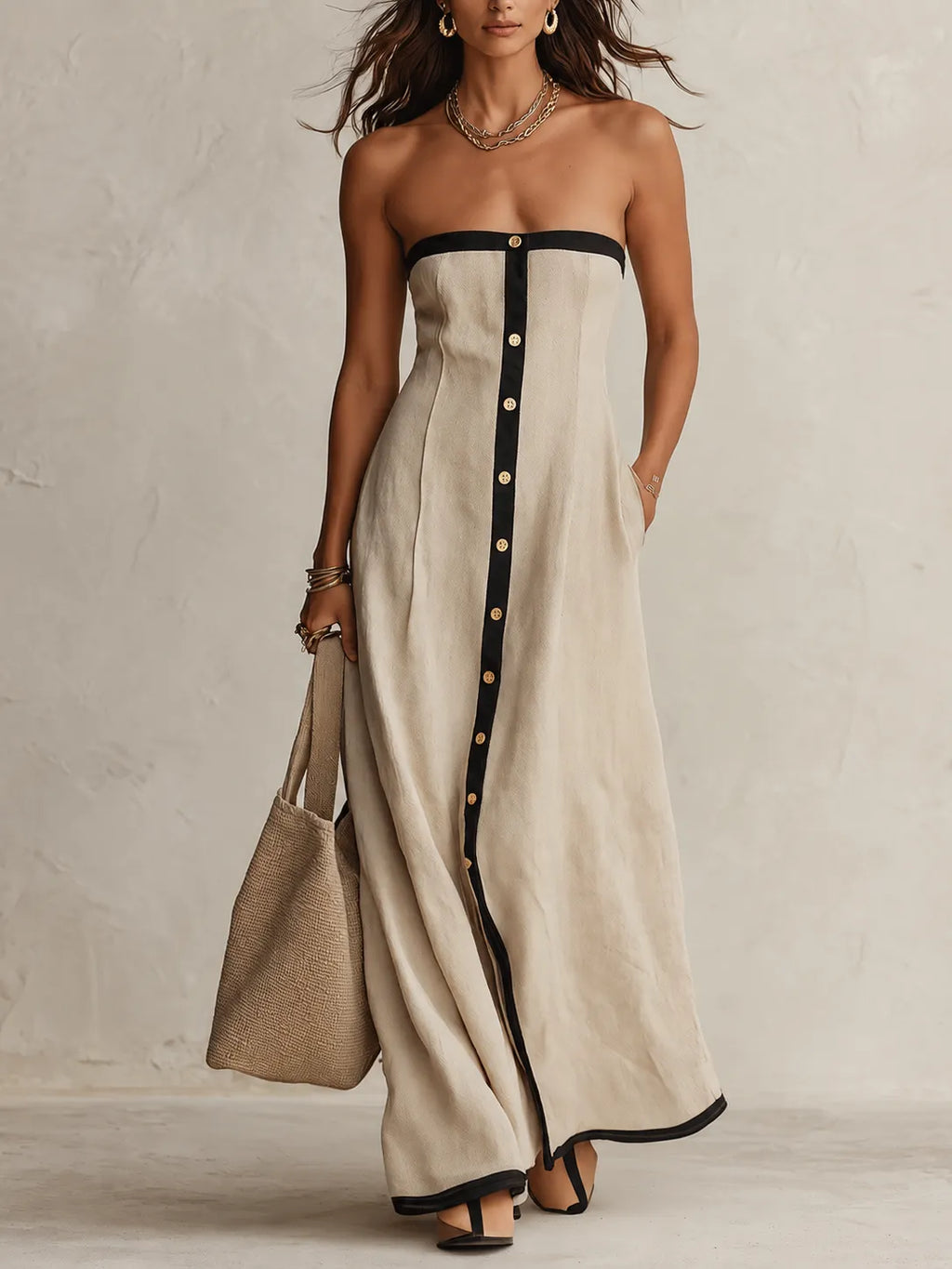 Contrast-Trim Button-Front Linen Maxi Dress Set