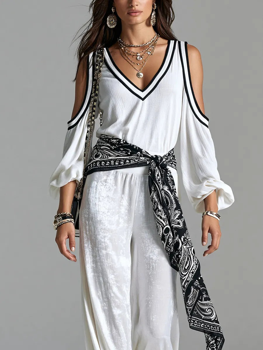 Bohemian White Off The Shoulder Top And Glossy Trousers Set