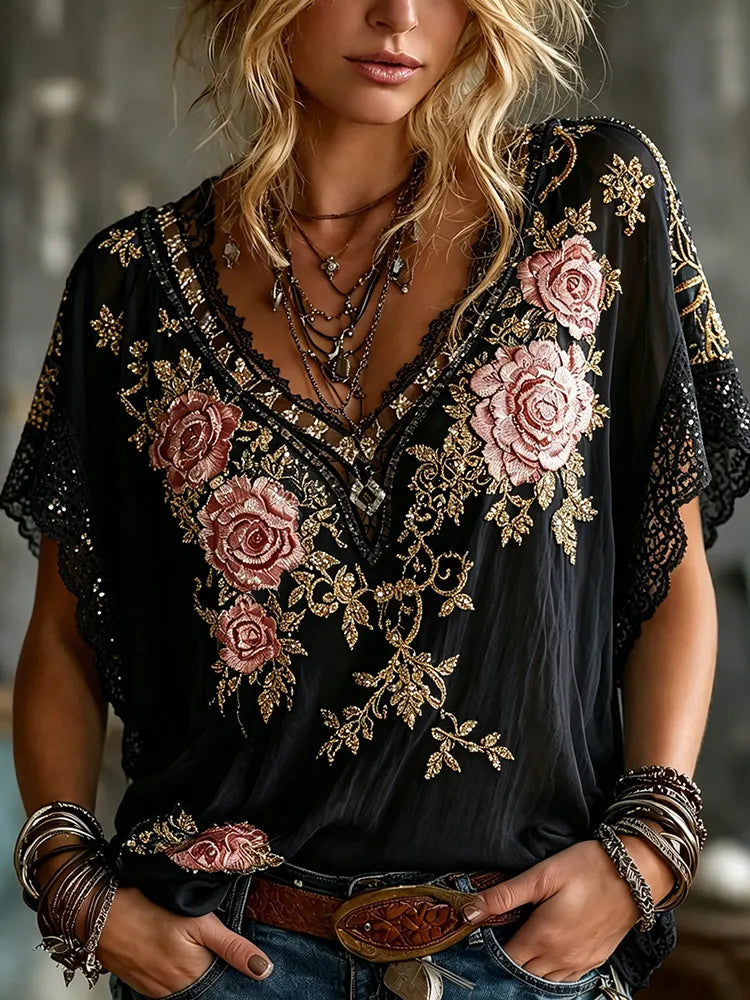 Women's Summer Spring Floral Embroidered Art Print Flowy Linen Blend V Neck Short Sleeve Tops
