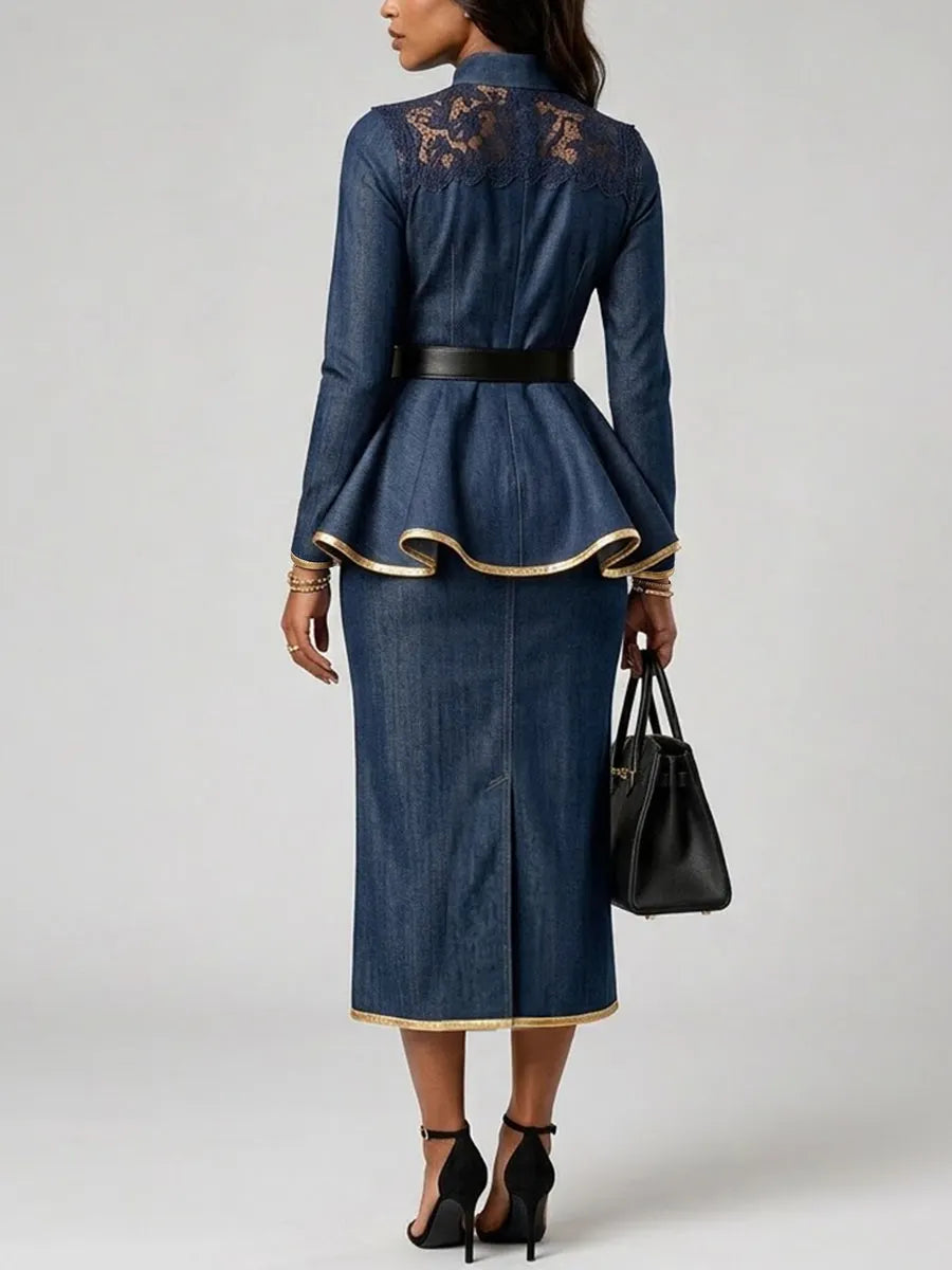 Minimalist Casual Denim Midi Skirt With Gold Piping