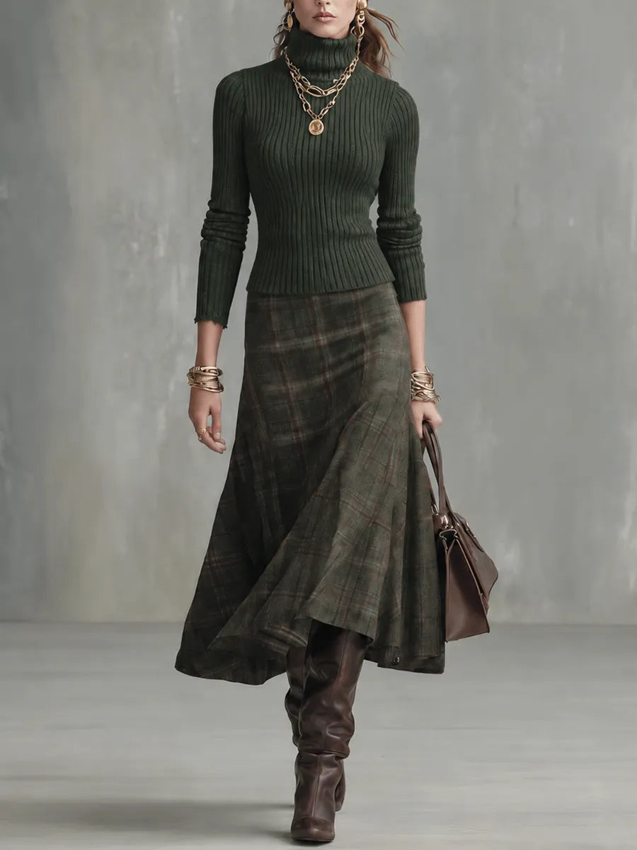 Plaid Midi Skirt & Knit Turtleneck Sweater Vest Two-Piece Set