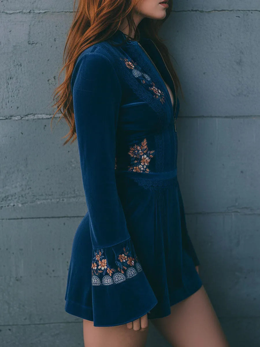 Boho Blue Velvet Zipper Front Lace Trim Embroidered Mini Dress