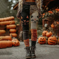 Vintage Patchwork Halloween Pumpkin Face Art Stitched Cozy Knit Leggings