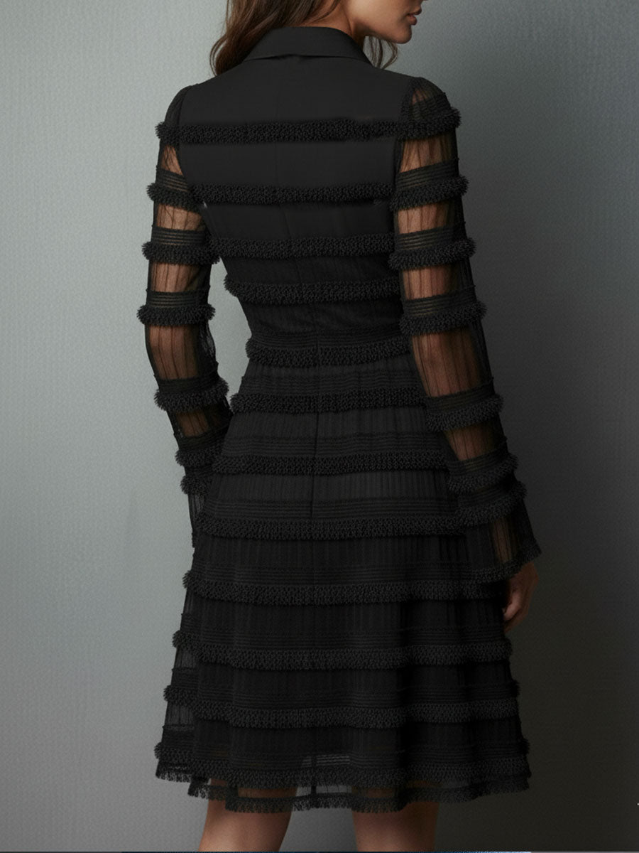 Black Fringe Textured Sheer Layered Mini Dress