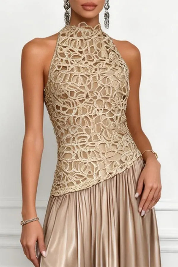 Spring Garden Galas Lace Satin Crew Neck Sleeveless A-Line Maxi Dress