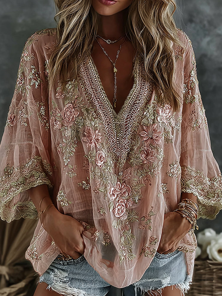 Women's Floral Embroidered Art Print Flowy Linen Blend Casual Tops
