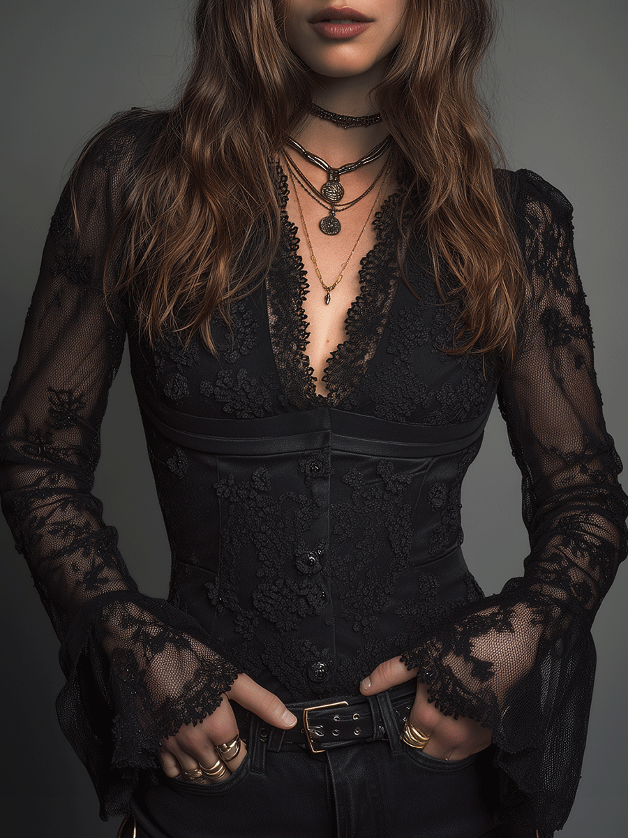 Elegant Black Lace Victorian Corset Blouse