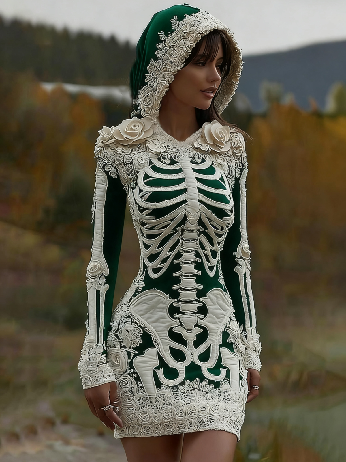 Women's Vintage Halloween Skeleton Bones With Rose Art Cozy Knit Hooded Sweater Dress